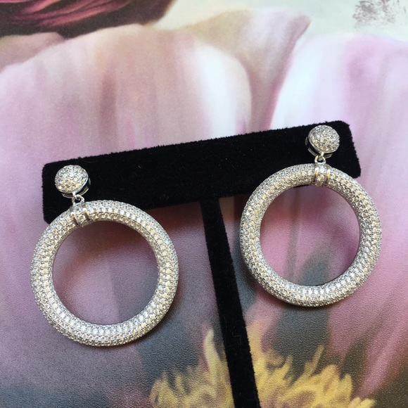 14k white gold diamond pave earrings stud hoops - Picture 6 of 8